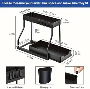 2-Tier Under Sink Organizer with Hooks & Cup Multifunctional Bathroom Kitchen Storage Rack with Drainage Holes Sturdy Cutlery Holder for Cleaning Supplies Toiletries Spices Kitchen Tools