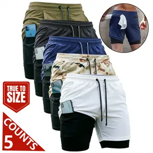 5pcs Men's 2-in-1 Double Layer Shorts With Inner Pocket, High Stretch Sports Shorts For Summer Gym Workout Training SpringStatements Plain