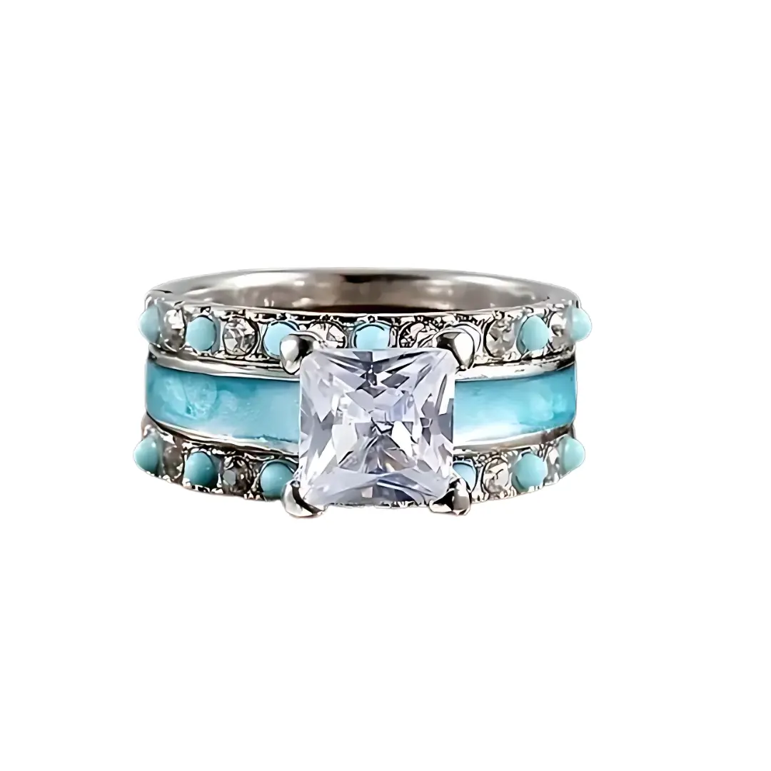 Set of 3 blue turquoise engagement rings for women - Simple European and American style fashion jewelry, suitable for special occasions such as weddings, anniversaries or dates, parties, birthdays or daily wear, going out, summer jewelry