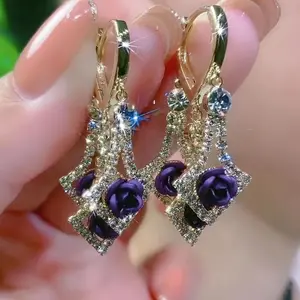 These Are Two Pairs Of Rose Earrings In Different Colors. Rose Imitation Zircon Is A Fashionable And Elegant Red Purple Earring, Which Is The Best Daily Gift For Women's Gatherings And Banquets