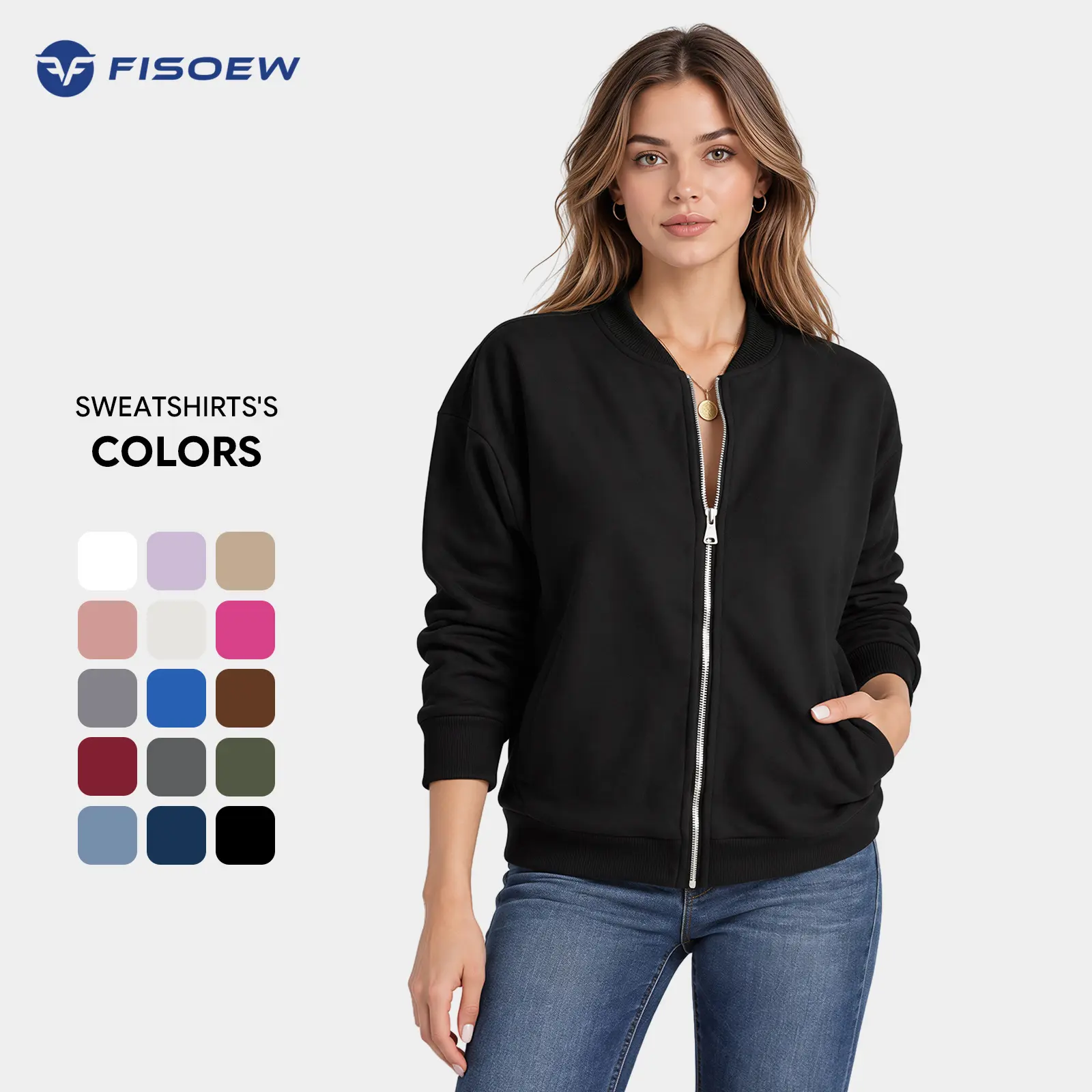 Fisoew Women's Bomber Jacket Casual Long Sleeve Full Zip-Up Sweatshirt with Pockets Loose Fit Cotton Blend Summer Coats Clothes Tops Basic Women's Fashion SohoChi