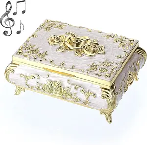 Vintage Music Box for Women and Girls – Beige Metal Musical Jewelry Box – Small Trinket Keepsake Storage Box – Gift for Birthday, Christmas, Mother's Day – Plays "You Are My Sunshine