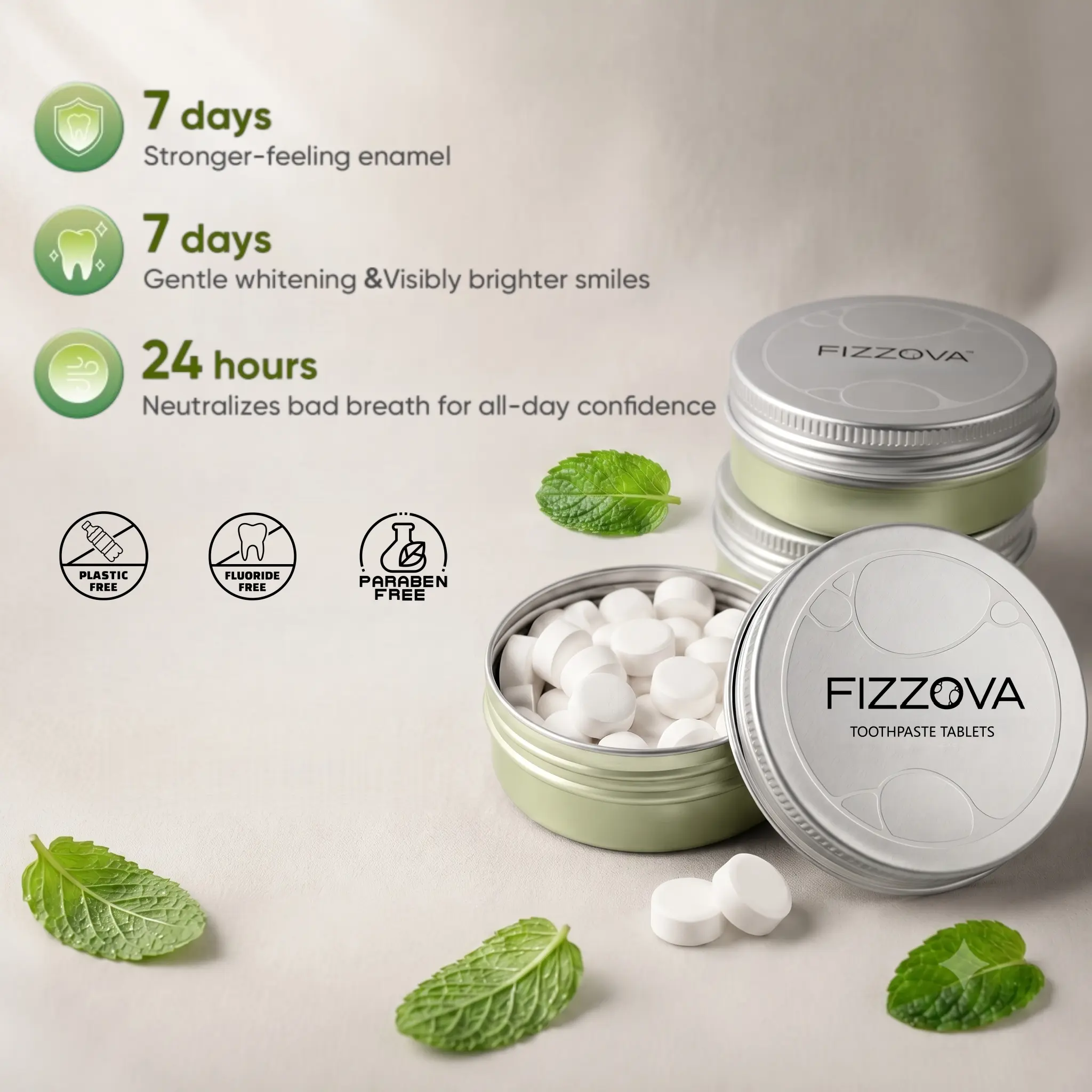 FIZZOVA Natural Toothpaste Tablets with Hydroxyapatite- Natural Whitening & Remineralizing, Fluoride Free, Peppermint, Probiotics for Fresh Breath, Yellow Stain Remover, Eco-Friendly Travel Size, Enamel Protection Dental Care, Oral care,30 Count