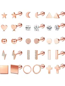 Gentle 15 Pairs Rose Golden Tiny Cartilage Stud Earrings Stainless Steel Ear Piercing Set for Women Men Cute Star Moon Circle Bar Heart Trague Stud Earrings Set Flat Back Cross CZ Earrings