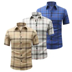 Men's Casual Turn-Down Collar Buttoned Short Sleeve Shirt Vintage Plaid Design Simple Style for Summer Wear Comfortable & Stylish