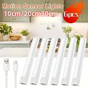 6 Piece Rechargeable LED Motion Sensor Cabinet Light - Wireless Cabinet Lighting, Magnetic, USB Rechargeable Cabinet Light, Plastic Material Suitable for Wardrobe, Cabinet, Bedroom, Kitchen Lighting, LED Induction Night Light