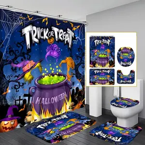 4 pcs Halloween magic potion, exquisite shower curtain set, non-slip floor mat, U-shaped carpet, toilet lid cover, perfect for bathroom decoration, partition, beautify the space, 12 shower curtain hooks are given