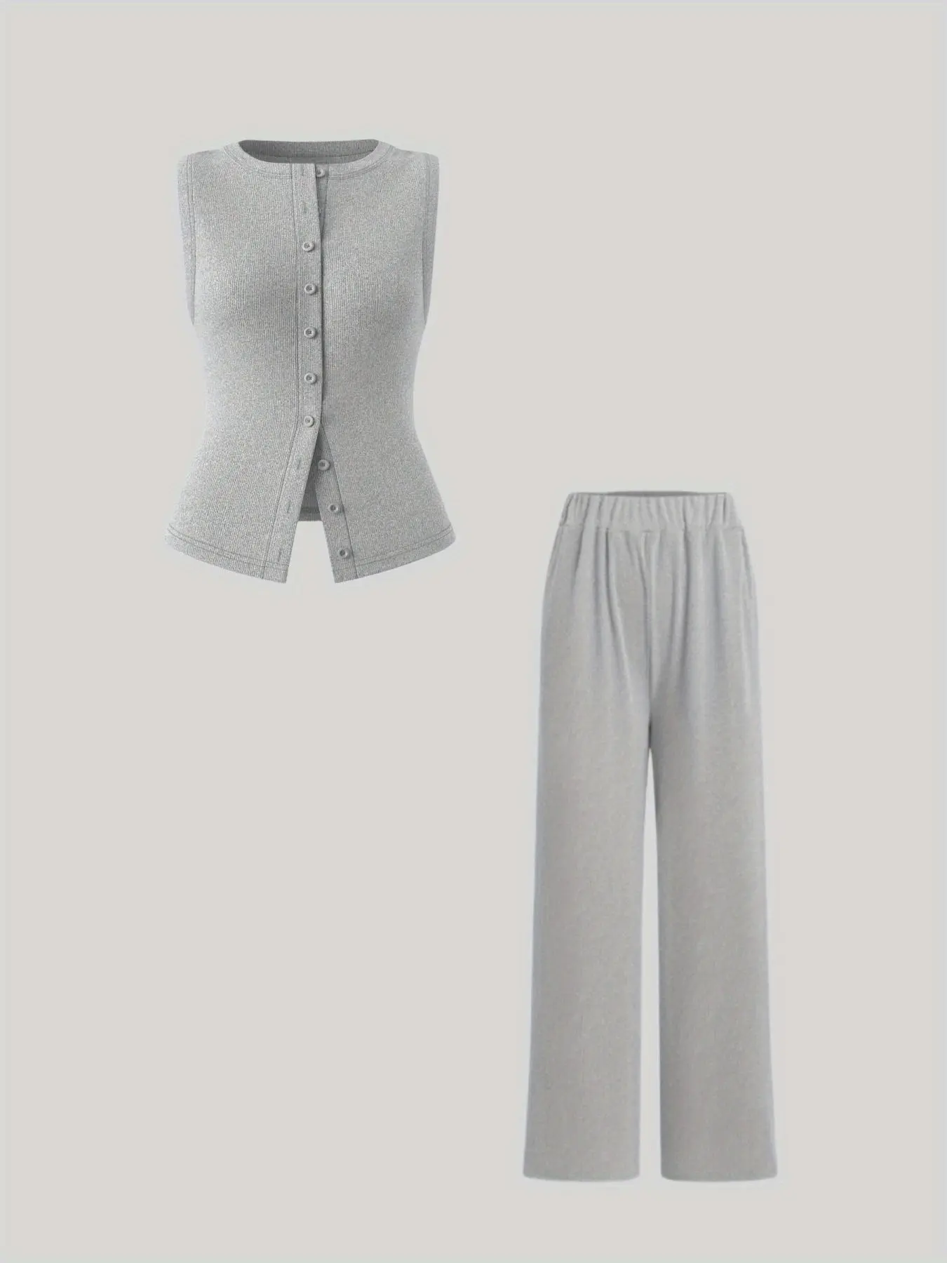 Spring Summer Fall Trendy Solid Color Elegant Sleeveless Button Front Cardigan Long Pants Knitted Set, Women's Fashion