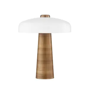 Lush Table Lamp With Opal Glass Shade And Patina Brass Base - Modern Mushroom Design