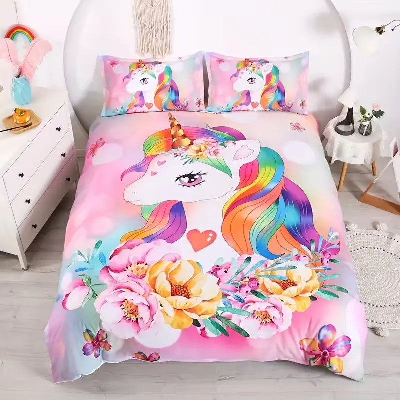 3-Piece Decorative Bedding Set (1 Fitted Sheet + 2 Pillowcases), Cartoon Unicorn Print, Zipper Closure, Bedroom Decor Gift, Cartoon Printed Bedding, Machine Washable Bedding, Bedsheet Sets, Bed Sheets Set