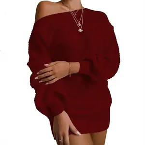 Womens Dresses Spring Fashion Cold Shoulder Lantern Sleeve Casual Plain Long Sleeve Daily Mini Knit Sweater Dress Woman Clothing SANWOOD