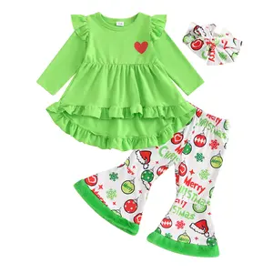 Little Girl Christmas Outfit Long Sleeve Heart Round Neck Ruffle Hem Sweatshirt Flared Pants Headband Set