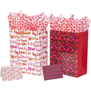 2 Pack 13'' Large Valentines Day Red and White  Bags with Tissue Paper for Mother's Day, Anniversary Party (LOVE Heart)