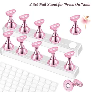 2 Set Nail Stand for Press On Nails – Nail Holder Stand with 100PCS Double Sided Adhesive Tabs, Nail Art Display & Practice Tool for DIY Salon Beginners (Pink)