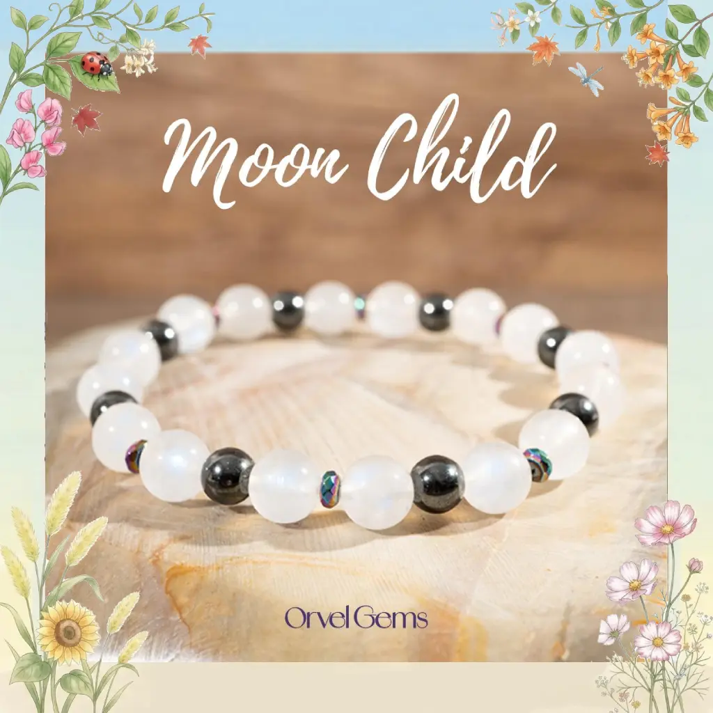 Luna Moon Child Bracelet – Natural Rainbow Moonstone & Hematite for Protection | Unisex Celestial Gemstone Jewelry | Spiritual Gift for Women, Men, Couples, Friends & Family