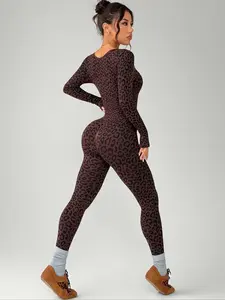 New Women's Seamless Leopard Print Yoga Long Sleeve Outdoor Sports, Tight Fit Butt Lifting One-Piece Pants Workout Jumpsuit