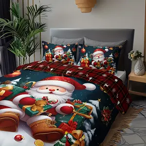 3pcs Christmas Bedding Set - Santa & Snowman Print Duvet Cover and Pillowcases, Breathable Polyester, Machine Washable - Perfect for All Seasons, Christmas present, Holiday Decor, Cheerful Pattern, Soft Texture, Durable Material, Pillowcase Bundle