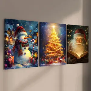Three-Piece Wooden Framed Canvas, Cozy Christmas Snowman Tree Night Scene Poster, Holiday Party Decor, Modern Art Wall Art, Art Wall Decoration