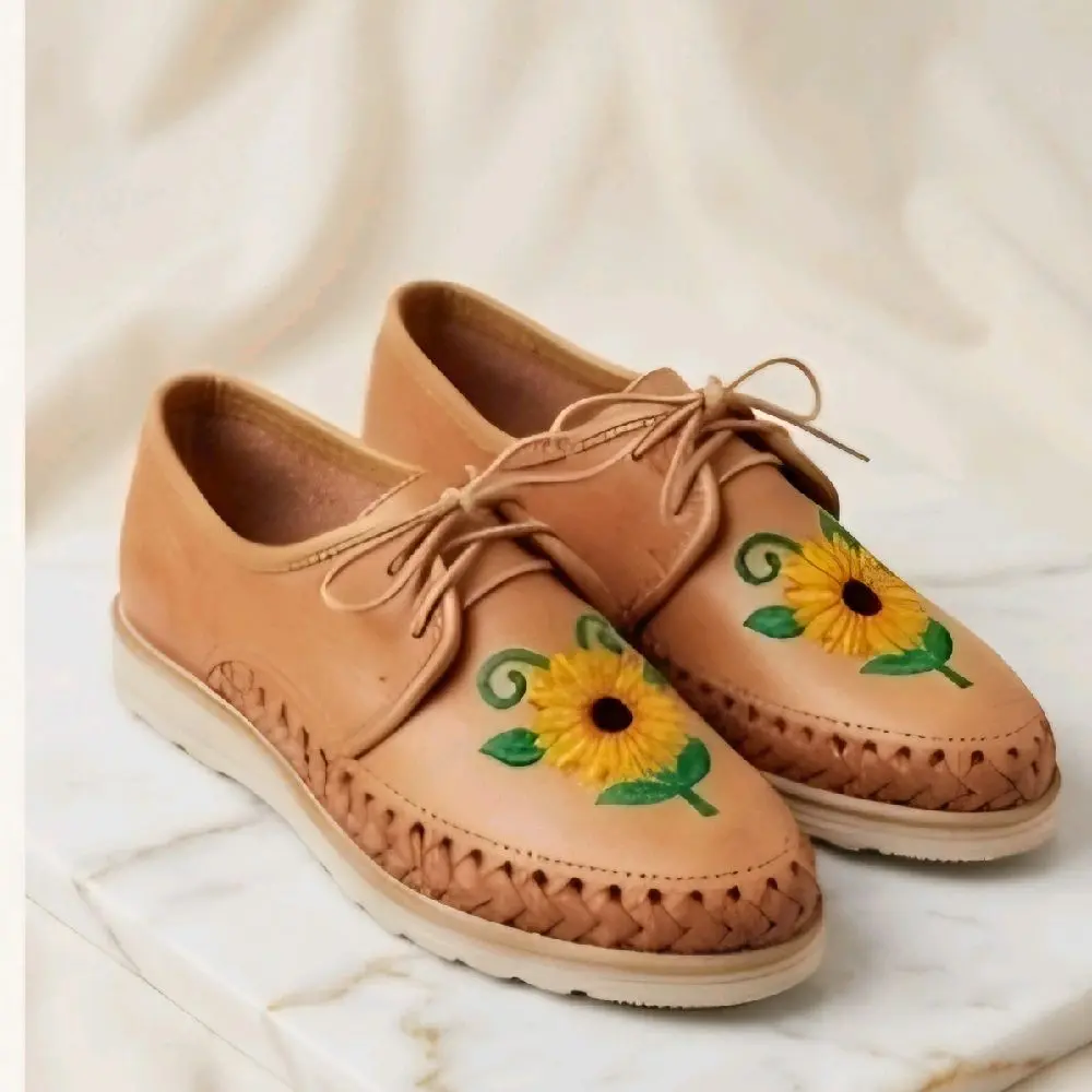 Handmade Sunflower Embroidered Leather Loafers for Women - Footwear, Walking Shoes