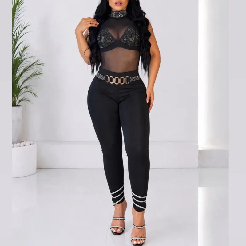 (B4326) Women's Stretchy Matching Colombian Suplex Rhinestone Overalls Set - Includes Top, Day Fabric, One Size Fits S/M/L, Rhinestones