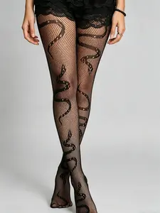 Dark Style Snake Print Fishnet Pantyhose, Unique Design for Fashionable Look, Perfect for Daily Wear or Special Occasions