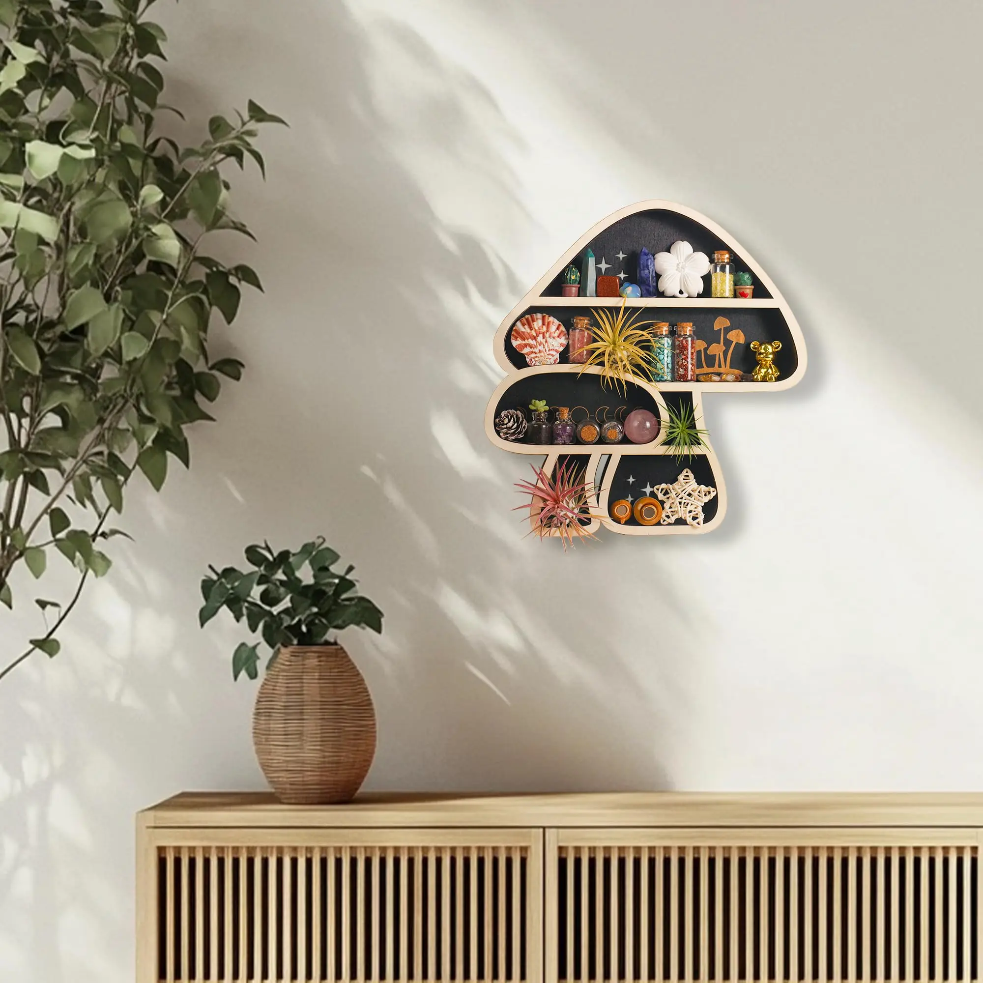 FNYDOX Cute Wooden Floating Mushroom Wall Shelf, Home Decor for Crystal, Rock and Gem Stone Display