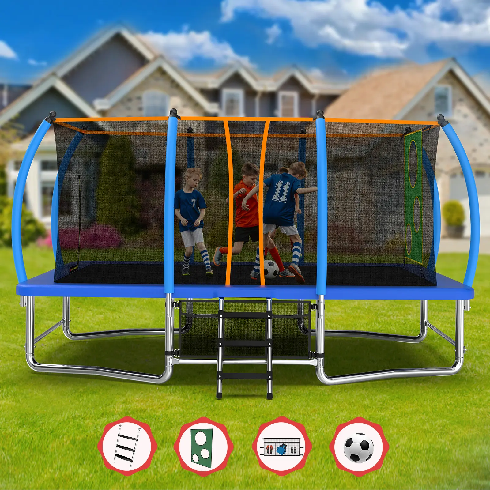 Mersco 8x14FT Unisex Outdoor Rectangle Trampoline - ASTM Certified Steel Frame, Curved Poles, Pumpkin Design, Soccer Net, Storage Bag, Green & Blue Durable Sports Toy