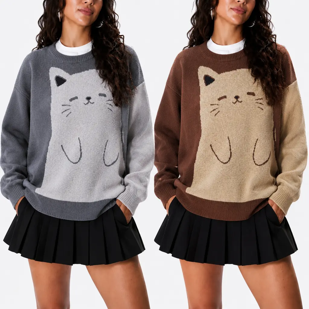 #Sohochic Women's Regular Fit Crew Neck 2-Tone Cute Wink Cat Graphic Polyester Knit Sweater - Contrast Colors, Soft Neutral Casual Fall Halloween Pullover Top for Pairing with Jeans & Leggings