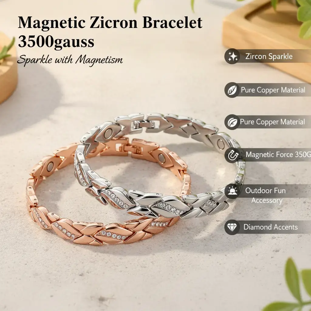 Neutral leaf bracelet, zircon sparkling bracelet, fashion accessory, pure copper magnetic bracelet with diamonds, 3500 Gauss effective magnetic force, for outdoor fun