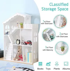 Large Dollhouse Toy Kids 3-Storey White Wooden Bookshelf Bookcase Storage Shelf Kids Toys Books Storage Rack Perfect Kids Gift