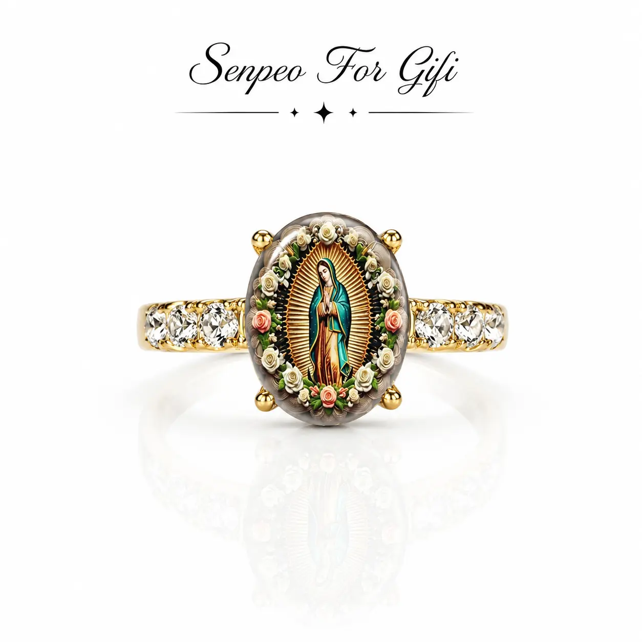 Vintage floral oval print ring featuring the Virgin Mary, with diamonds on both sides, conveying a sense of blessing and atmosphere.