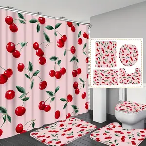 Cherry Print Shower Curtain Set, Includes 12 Hooks, Non-Slip Bath Mat, U-Shaped Floor Mat, Toilet Seat Cover, Bathroom Decor, Bathroom Decoration Accessories