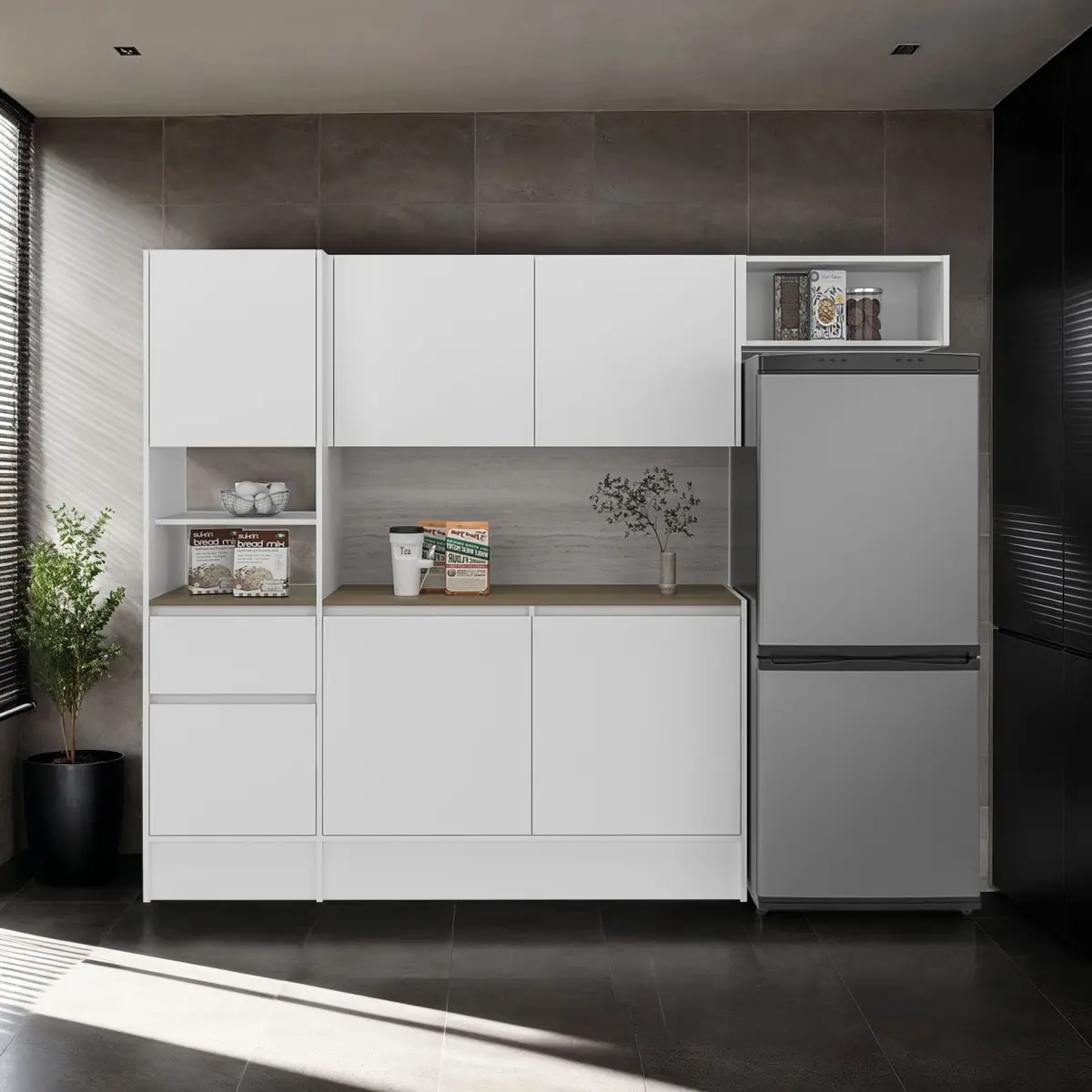 Natoma Wood & Engineered Wood Large Kitchen Cupboard Combo Item - 6 Doors, 1 Drawer, 8 Shelves, White/Natural Oak, 223.92 lbs, 71.9" H X 90.2" W X 17.3" D, Durable Storage, Easy Care, TSCA Title VI Compliant, Assembly Required, Large Size