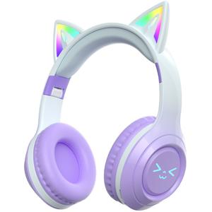 Cat Ear Headphones Wireless Bluetooth LED Light Up Foldable Over Ear Rechargeable with Built in Microphone for Phone Laptop Computer Kids Teens Adults