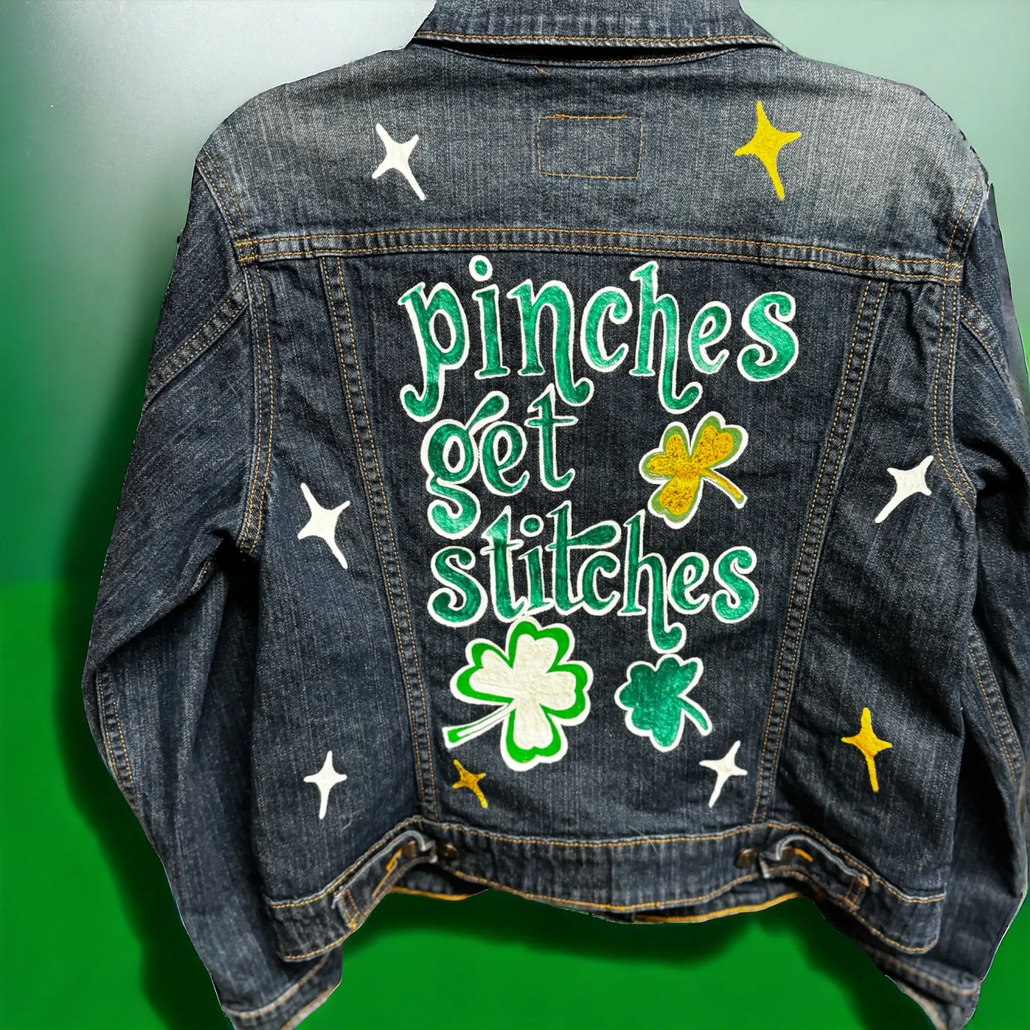 Hand Painted Jean Jacket: “Pinches Get Stitches”, St Patrick’s Day Jacket, Hand Painted, Shamrock