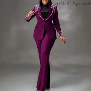 Purple Two-Piece Set – Women’s Fashion Trend, Pearl-Embellished Blazer and Flared Pants, Perfect for Stylish Outings, Basic Chic, Elegant