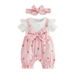 Baby Girl Summer Romper Fashionable Cute Cherry Printed Short Sleeve Jumpsuit with Headband