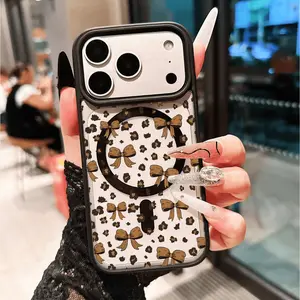 Magnetic Charging Case, Cute Leopard Print Bow Illustration, Durable Decorative Cover, Anti-Drop Phone Case for iPhone Models
