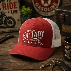 Funny Embroidered Hat, My Ol Lady Will K*ll You Cap, Vintage Style Baseball Cap, Humor Gift for Men, Biker Hat, Adjustable Snapback Hat, Casual Streetwear Cap, Unique Gift Idea for Him, Dad Husband Boyfriend Hat, Outdoor Fashion Hat