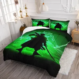 Roronoa Zoro Comforter Set (2/3-Piece, 1 Comforter + 1-2 Pillowcases, No Pillow Inserts), Green Glow Silhouette Three-Sword Style Print, Soft Microfiber, Epic Bedroom Decor, Ideal Gift for Anime Fans