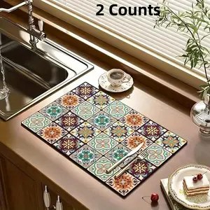 2 Counts Coffee Machine Drain Mat, Retro Color Brick Style, Boho Placemats Set, Diatom Mud Kitchen Mat, Heat Insulation, Sink Absorbent, Home Kitchen Accessories