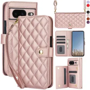 Quilted Pattern Phone Case with Card Slot & Wrist Strap, 1 Count PU Leather Phone Cases for Google Pixel