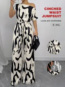 Women's Allover Print Asymmetrical Neck Pant Romper, Short Sleeve Belted Jumpsuit, Loose-Fitting Casual Jumpsuit for All Seasons
