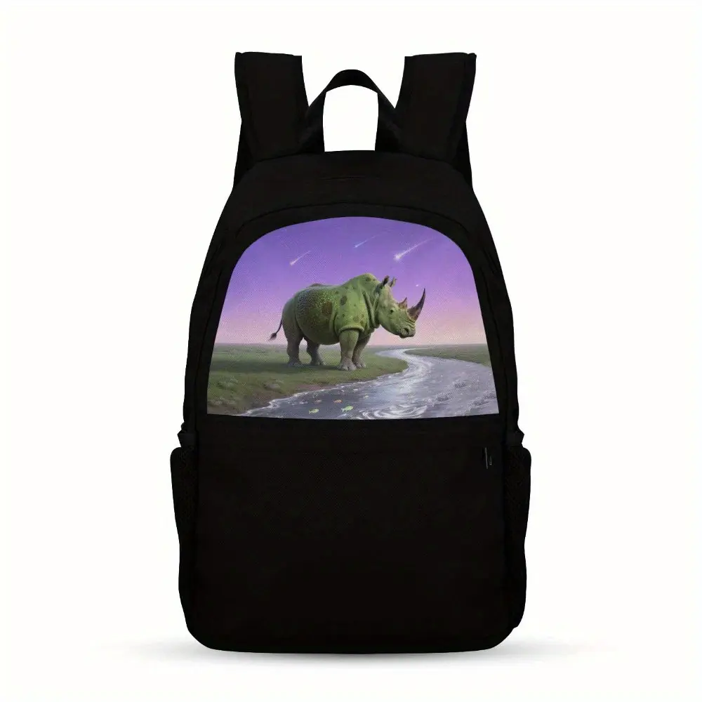 One Casual Backpack Featuring an Avocado Rhino, Designed for Teenagers. It Is Lightweight with a Large Capacity, Adjustable Straps, Made from Black Nylon Fabric, And Has a Easy Cartoon Design. The Upper Part Is Printed, Making It Ideal for School