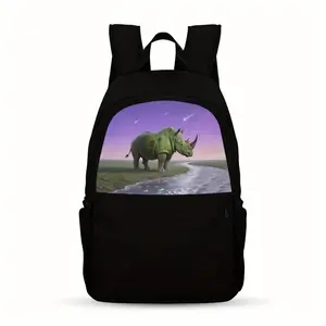 One Casual Backpack Featuring an Avocado Rhino, Designed for Teenagers. It Is Lightweight with a Large Capacity, Adjustable Straps, Made from Black Nylon Fabric, And Has a Easy Cartoon Design. The Upper Part Is Printed, Making It Ideal for School