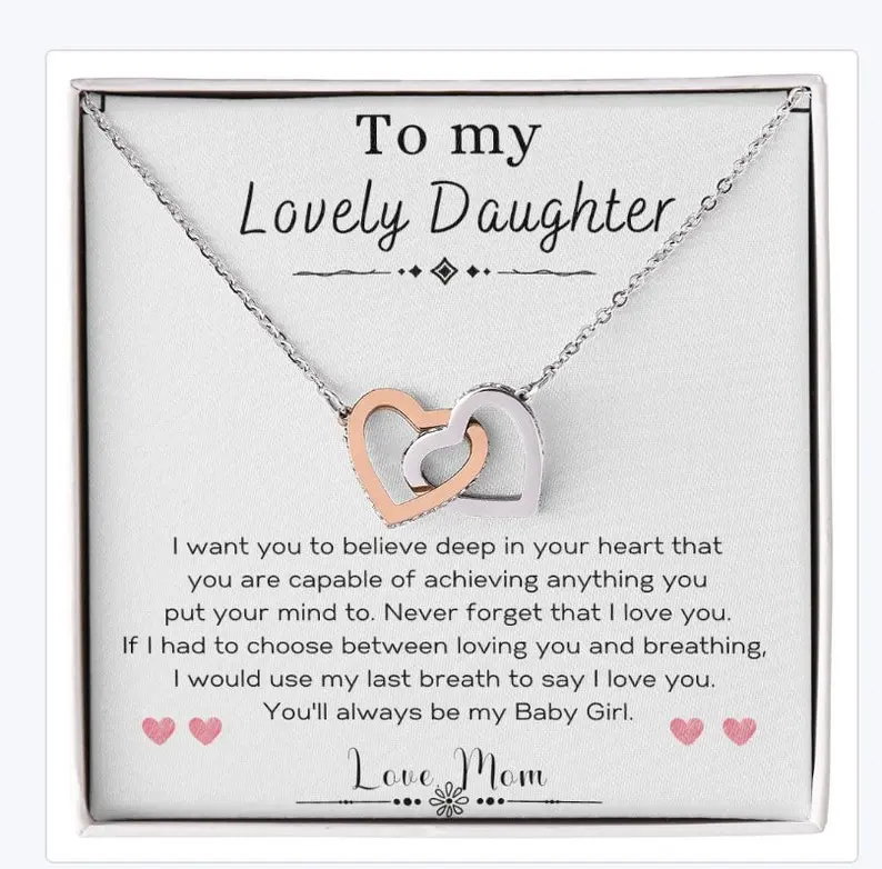 Daughter Gift from Mom - Christmas Gift - Interlocking Heart Necklace - Sentimental Message Card - Meaningful, Necklace With Message Card and Box, Gift for Birthday