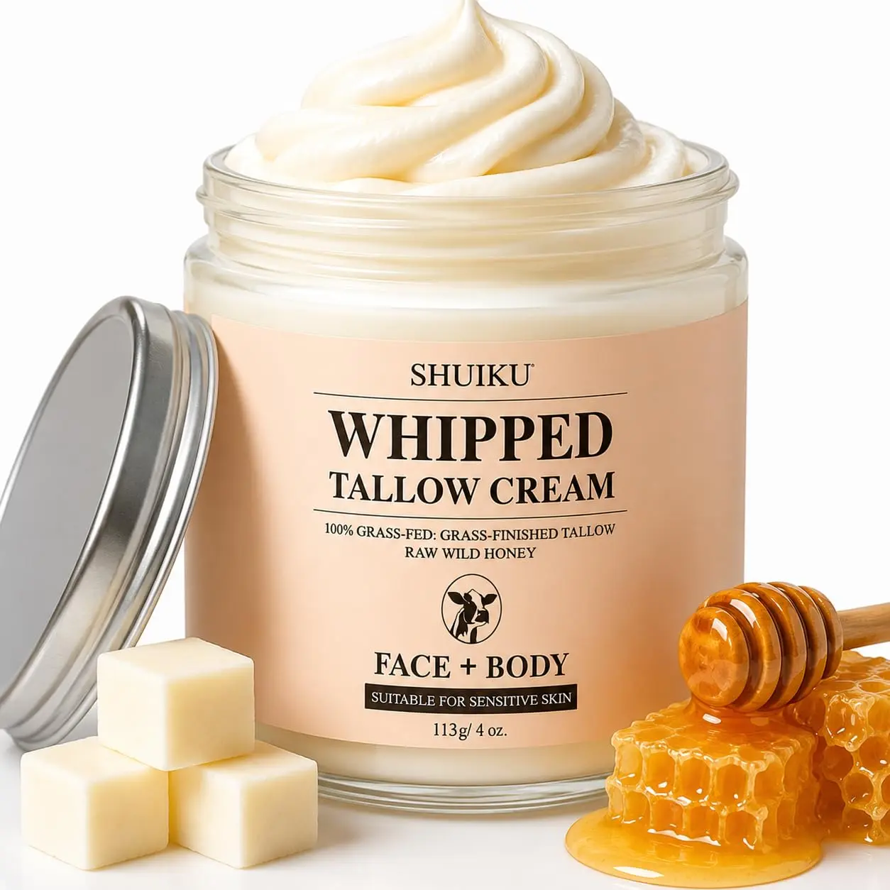 Clean Grass-Fed Beef Tallow + Honey Balm Whipped Moisturizer - All-Natural, Ultra-Nourishing, Hydrating Skin Cream for Face, Body, Hands