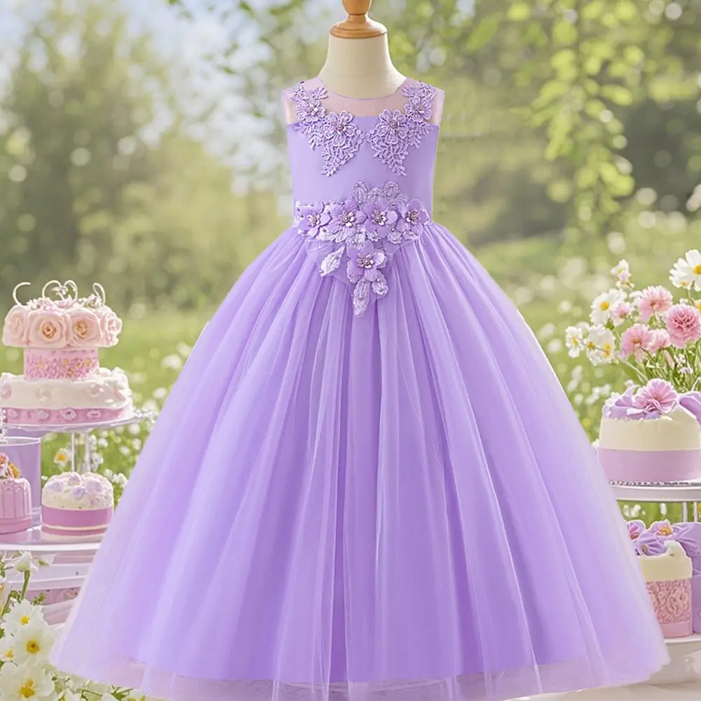 Girls' 386 Floral Embroidery Long Dress, Unique Design, Suitable for Teenagers, Ideal for Special Occasions like Parties, Floral Embroidery Dress