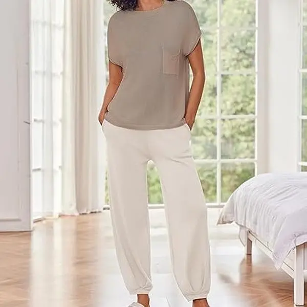 Two Piece Outfits Lounge Sets for Women Sweater Sets Knit Short Sleeve Tops Jogger Pants Matching Tracksuit