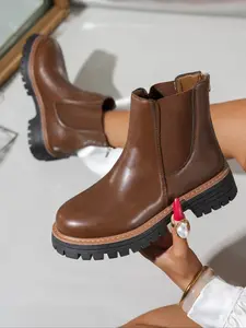 Women's Brown Chelsea Ankle Pull On Boots, with Chunky Sole & Elastic Panel Accents, Comfortable Faux Leather Casual Footwear, Female All-Match Shoes for Daily Wear & Urban Styles, Retro-Inspired Short Boots, Durable Lug-Sole Desig
